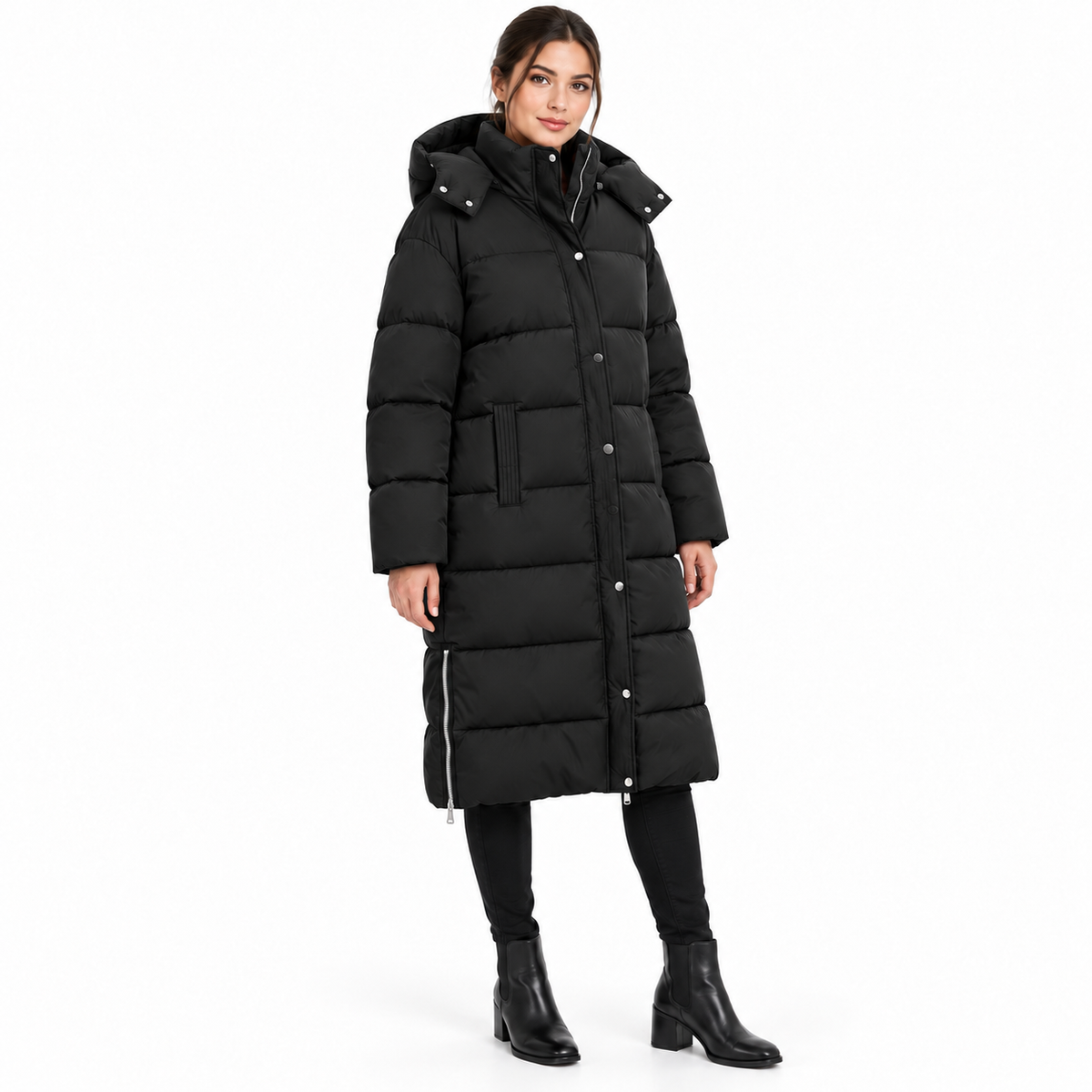 Doudoune longue femme Alba – Capuche amovible et zips latéraux