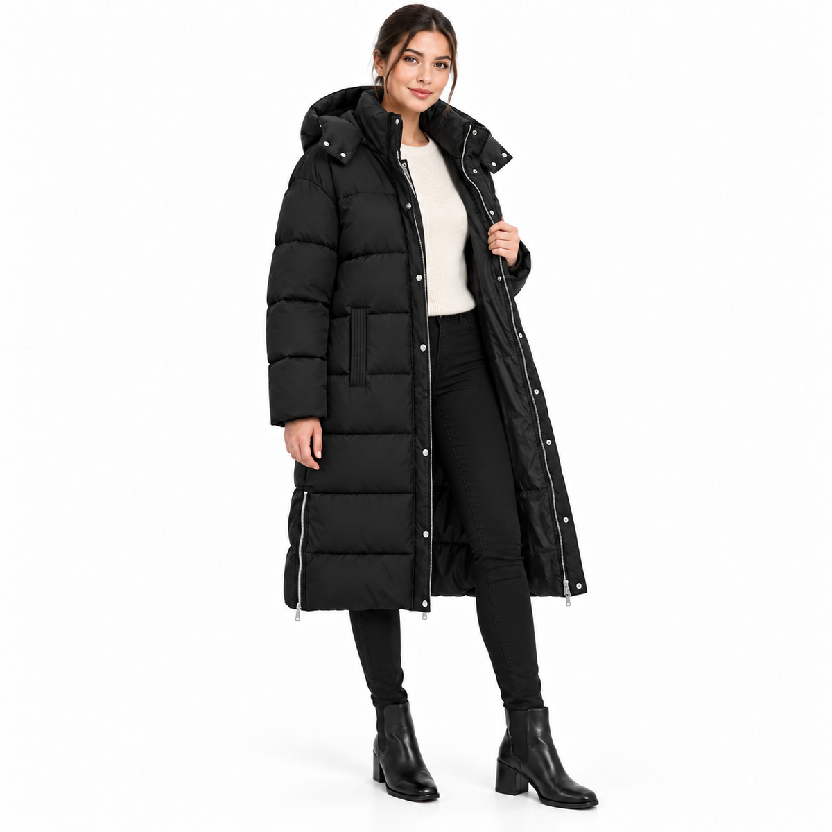 Doudoune longue femme Alba – Capuche amovible et zips latéraux