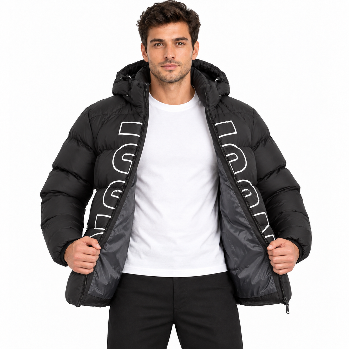 Doudoune homme noire à capuche – Motif contrasté et poches zippées