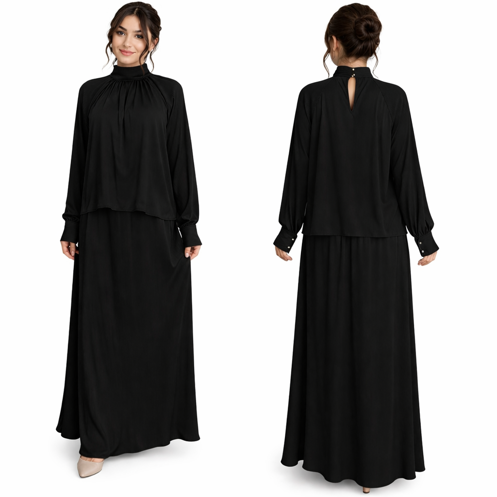 Conjunto falda larga fluida + top mangas largas cuello alto – atuendo elegante chic