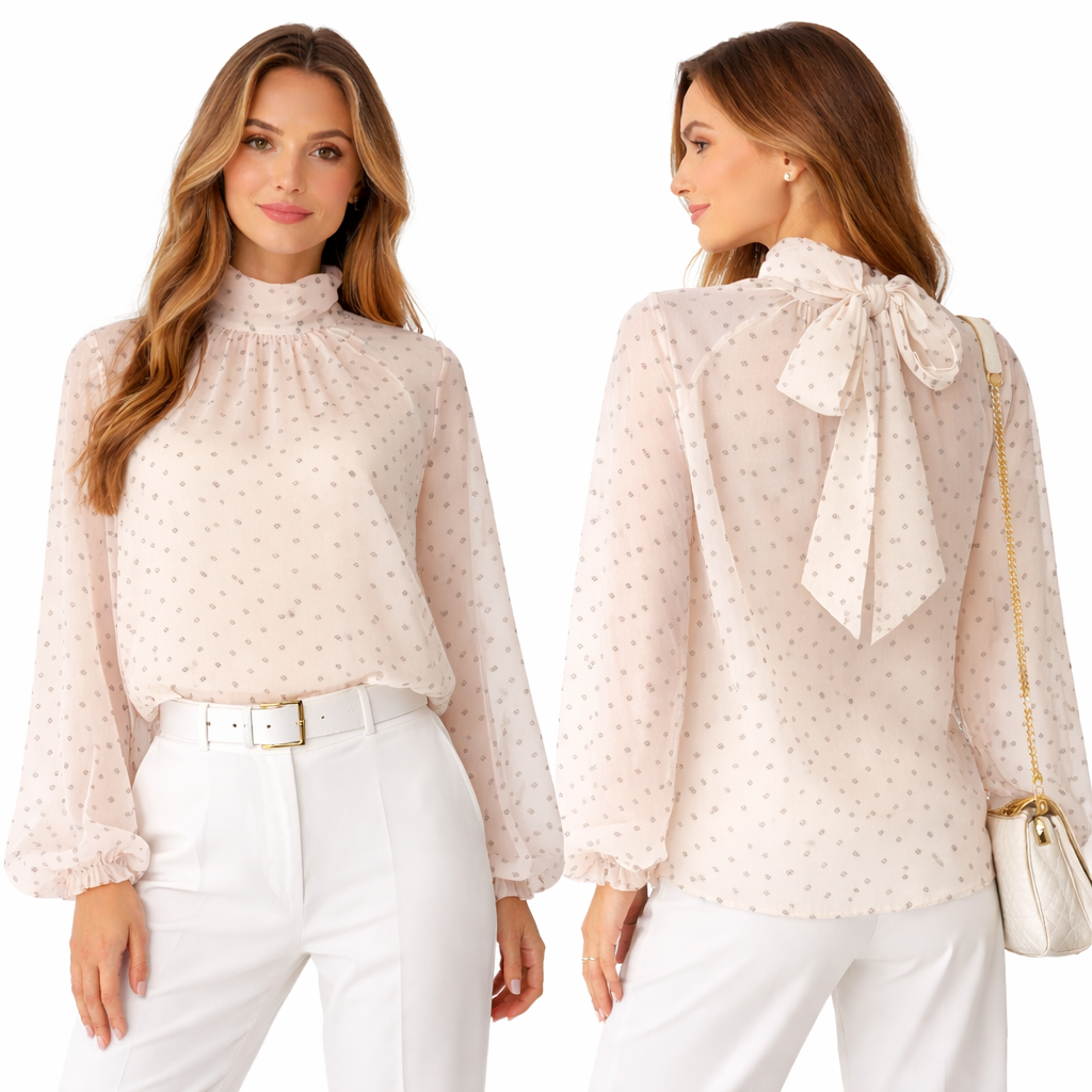 Blouse fluide à pois – col montant noué – manches longues oversize chic