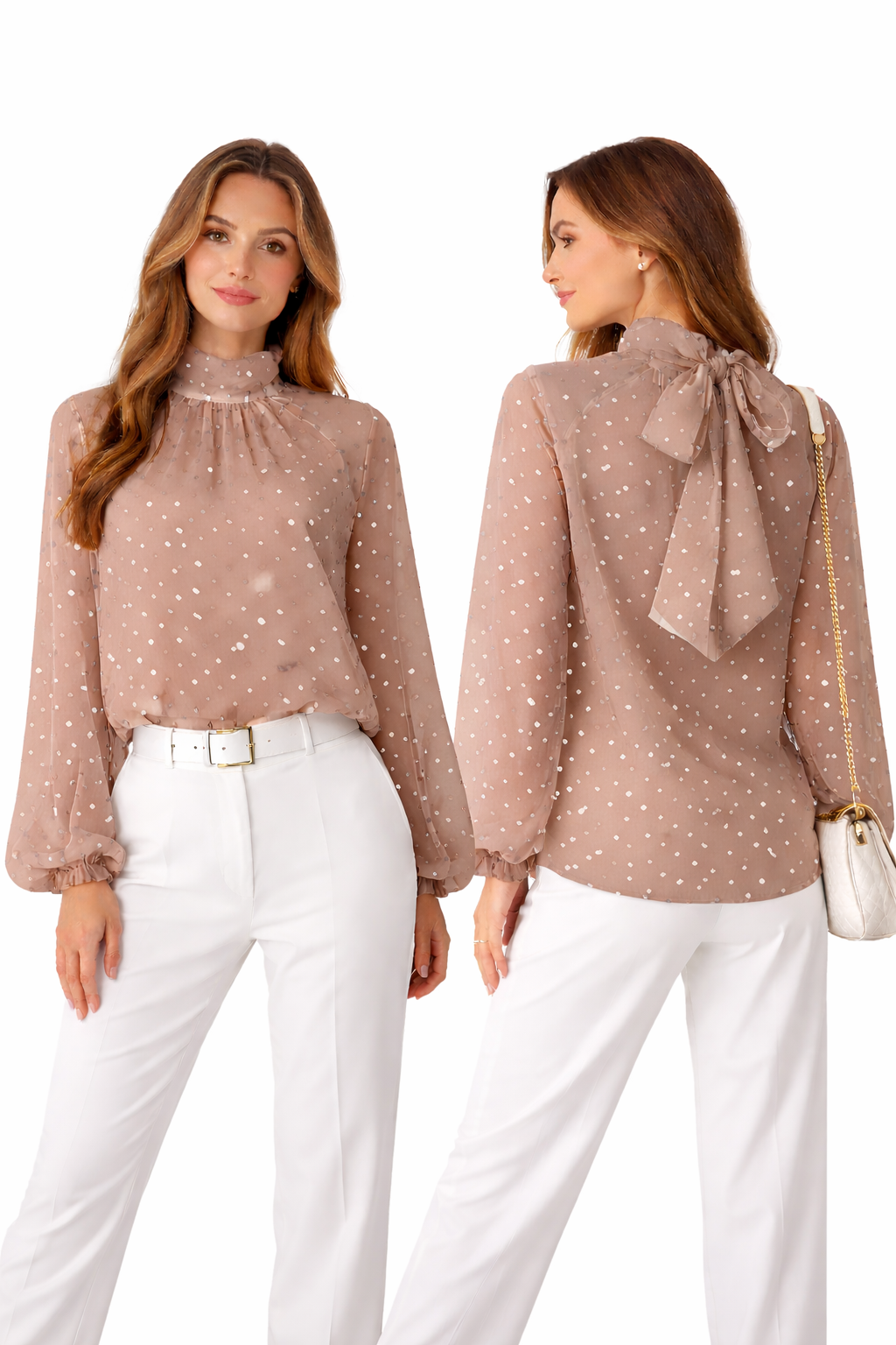 Blouse fluide à pois – col montant noué – manches longues oversize chic