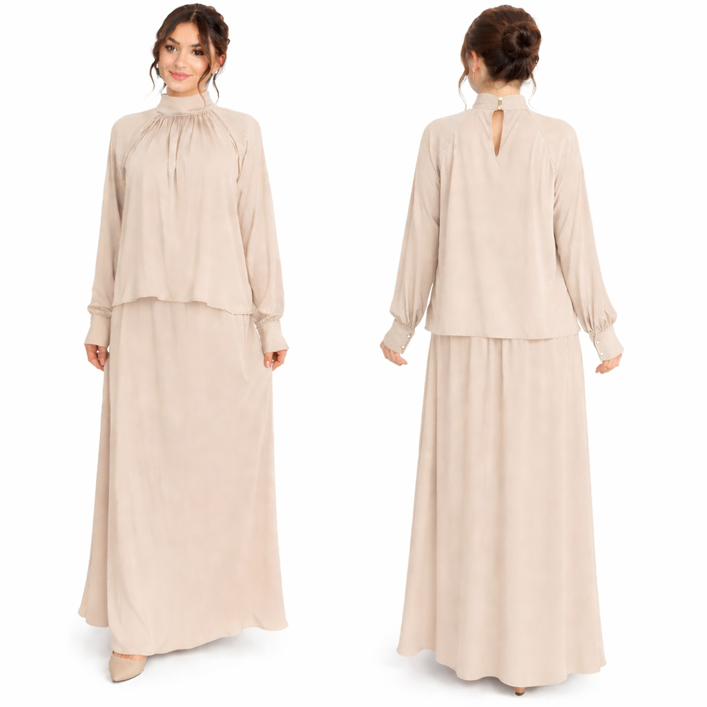 Conjunto falda larga fluida + top mangas largas cuello alto – atuendo elegante chic
