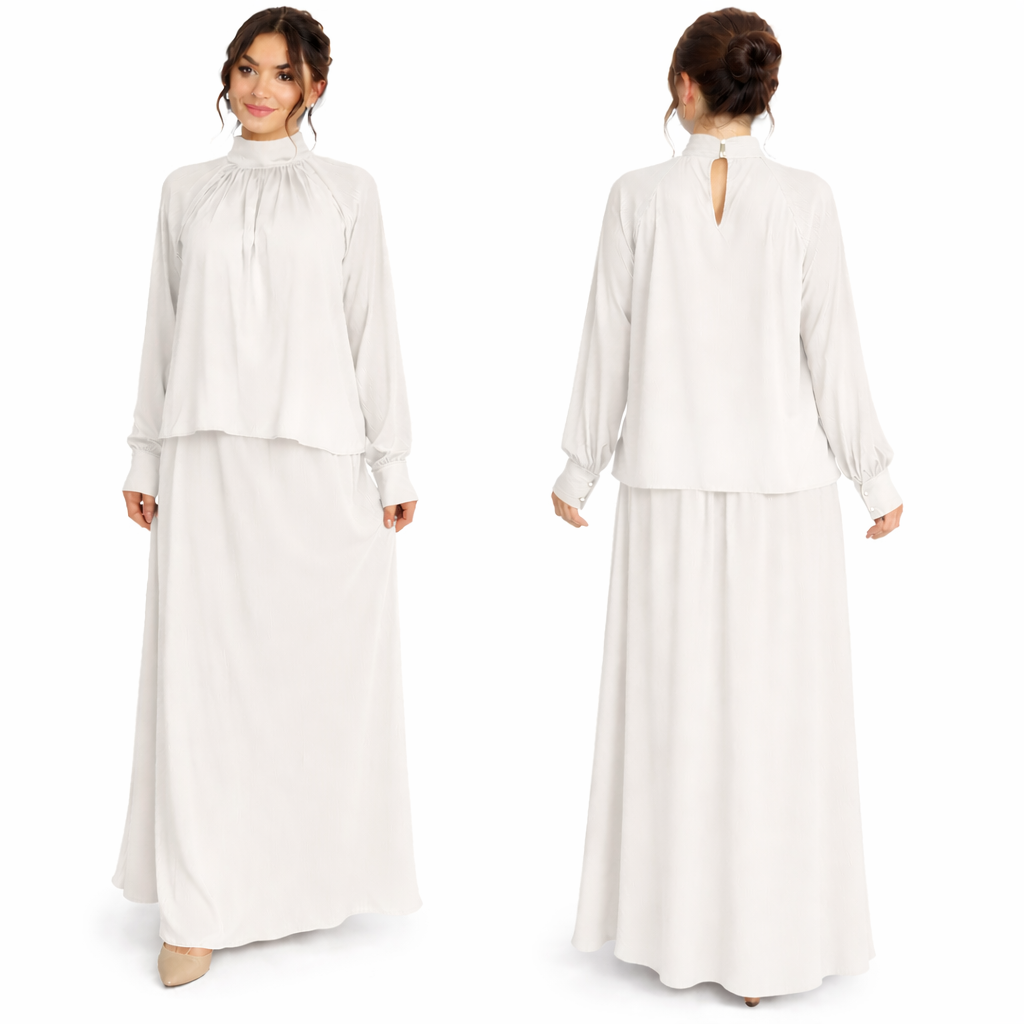 Conjunto falda larga fluida + top mangas largas cuello alto – atuendo elegante chic