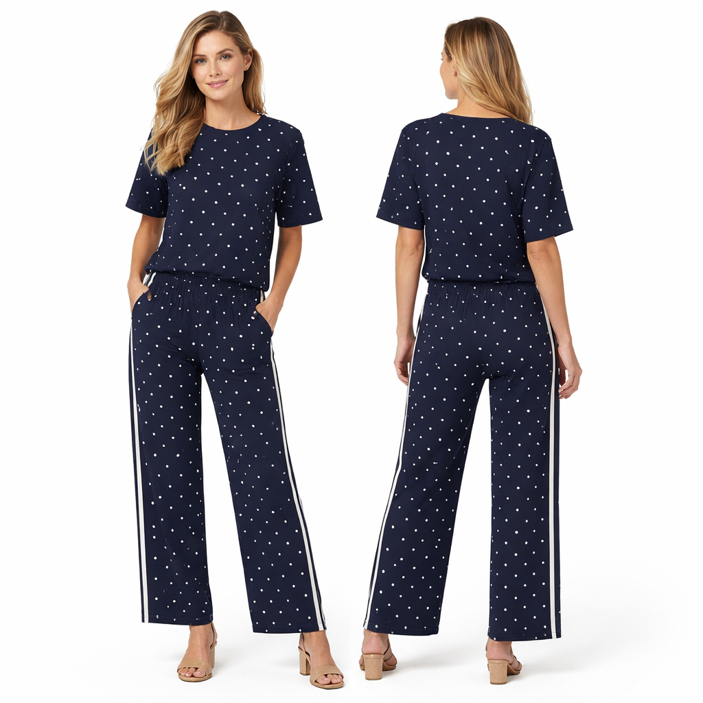 Ensemble femme 2 pièces oversize t-shirt manches courtes + pantalon fluide large à pois avec double bandes latérales style premium