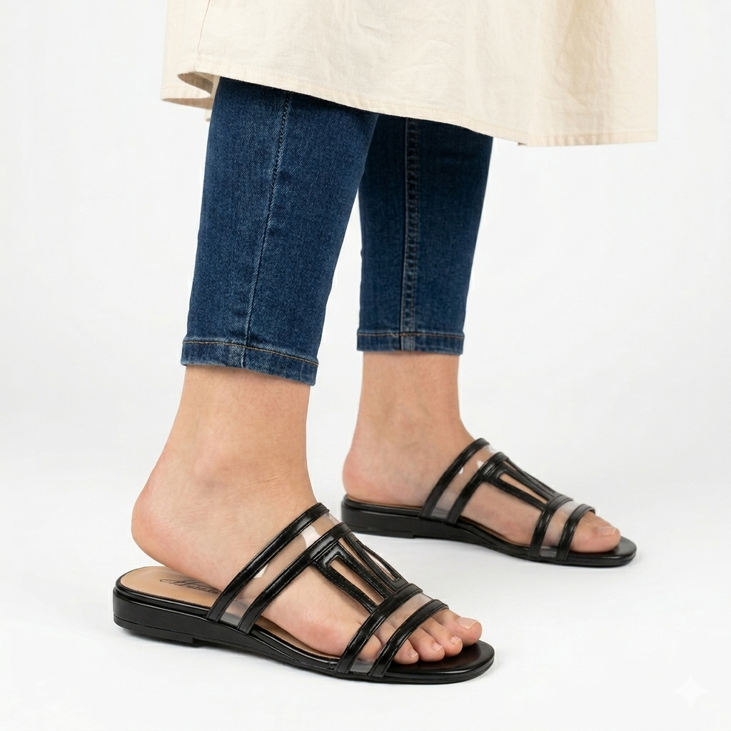 Sandales Plates Femme Style Cage à Lanières | Mules Bout Carré Noir et Beige | Chaussures Été Légères