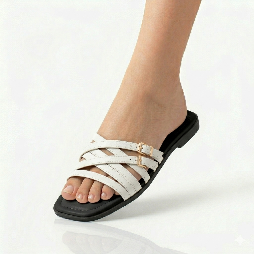 Sandalias Planas para Mujer con Tiras Cruzadas y Hebilla Dorada | Mules Confortables Verano | Blanco Marrón Negro Camel