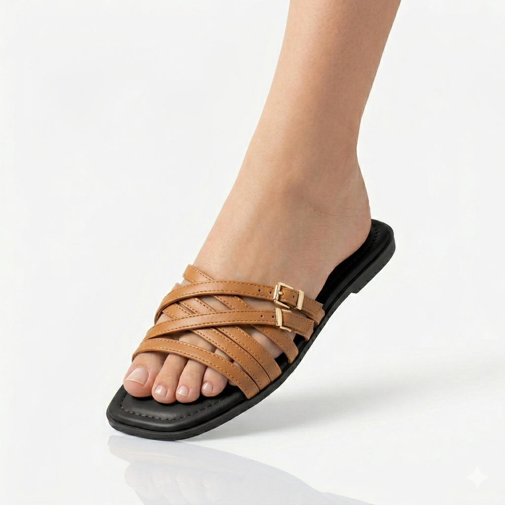 Sandalias Planas para Mujer con Tiras Cruzadas y Hebilla Dorada | Mules Confortables Verano | Blanco Marrón Negro Camel