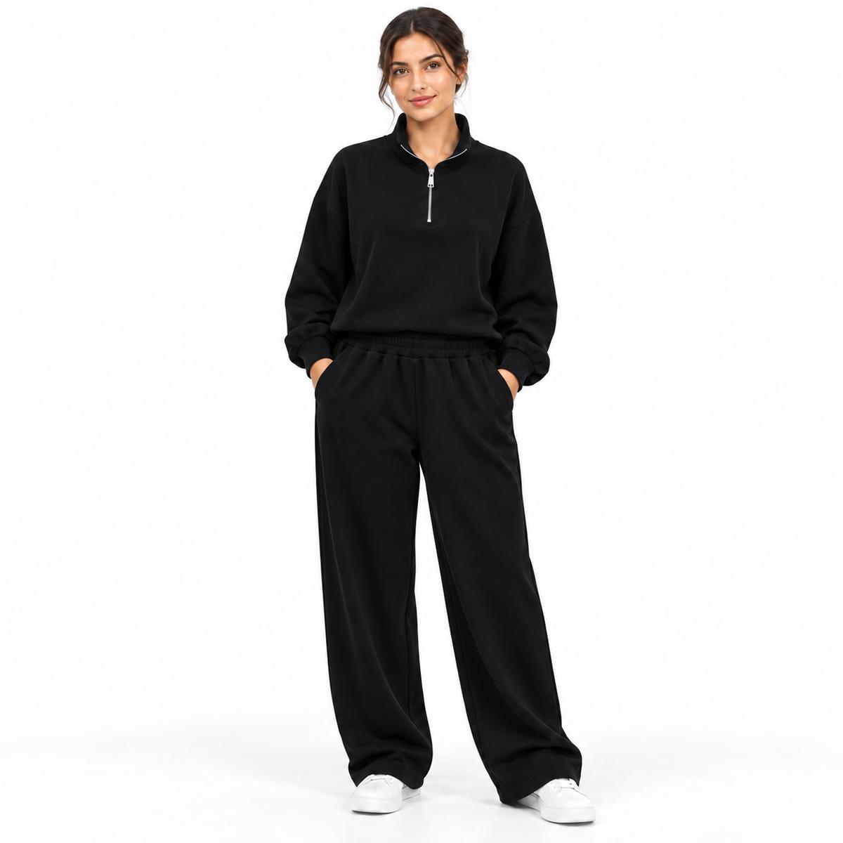 Ensemble femme deux pièces à col zippé et pantalon large à taille élastique