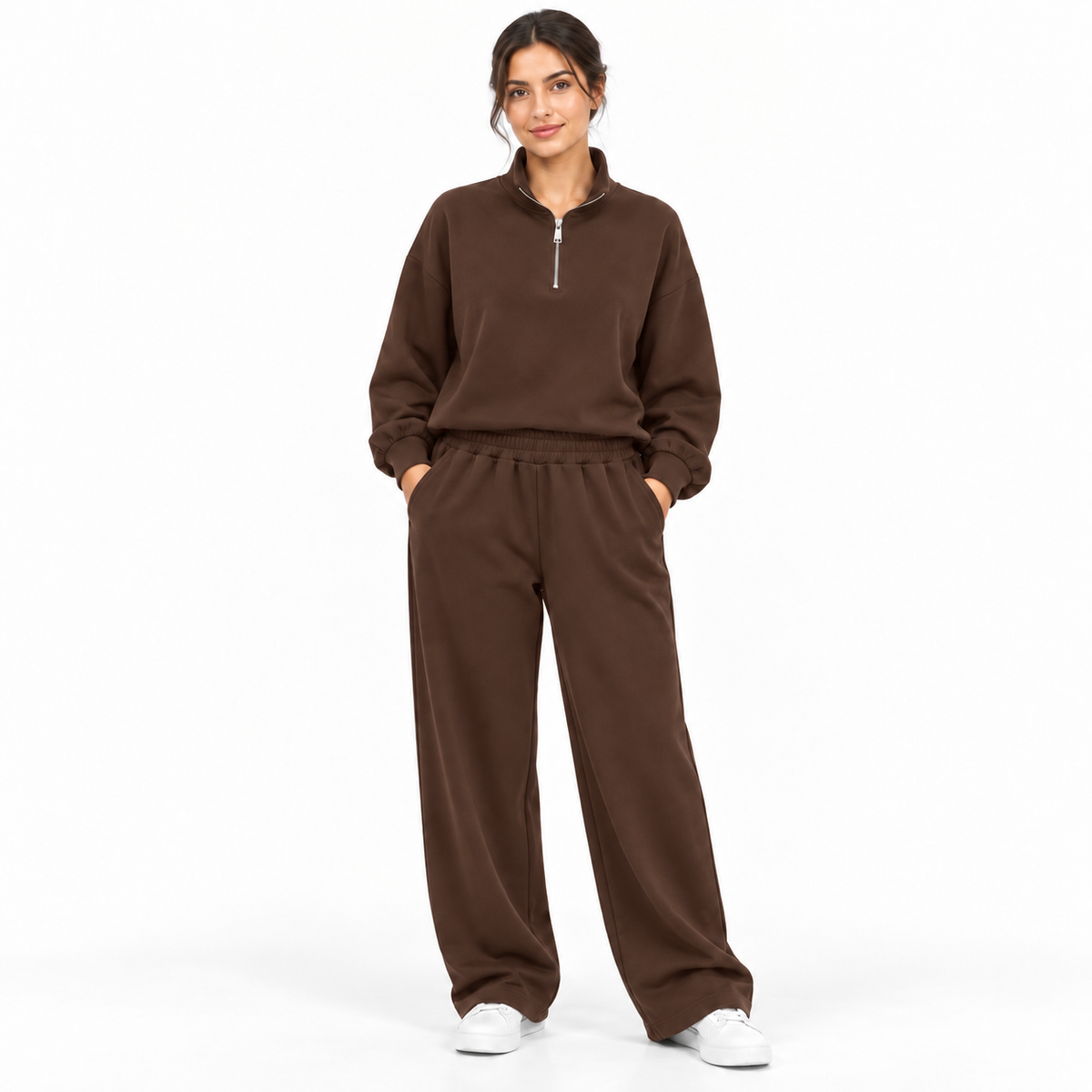 Ensemble femme deux pièces à col zippé et pantalon large à taille élastique