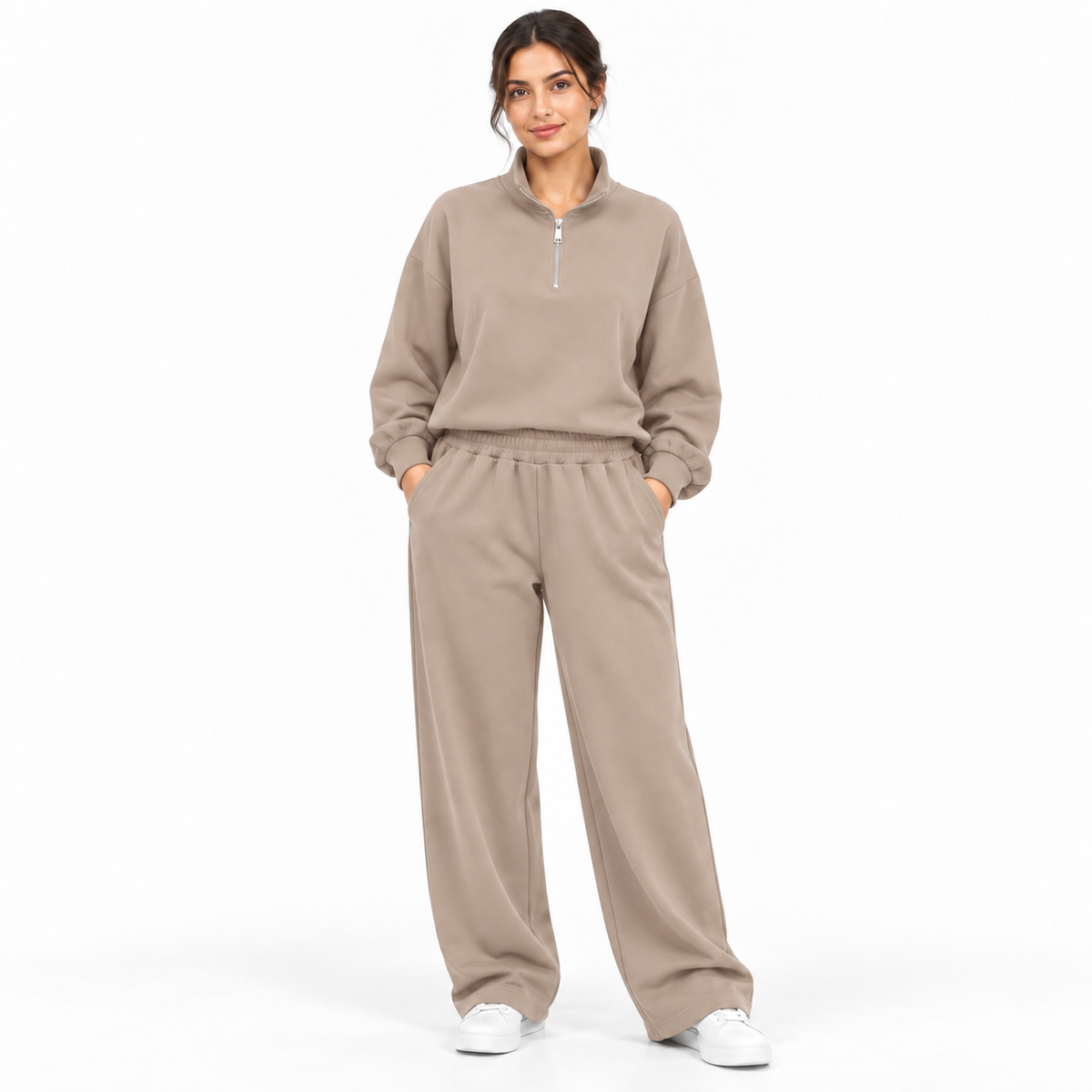 Ensemble femme deux pièces à col zippé et pantalon large à taille élastique