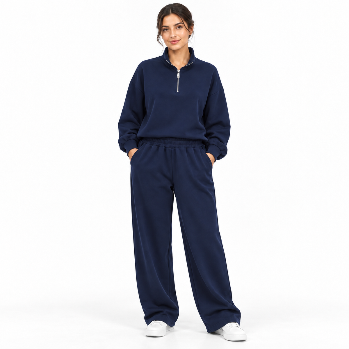 Ensemble femme deux pièces à col zippé et pantalon large à taille élastique