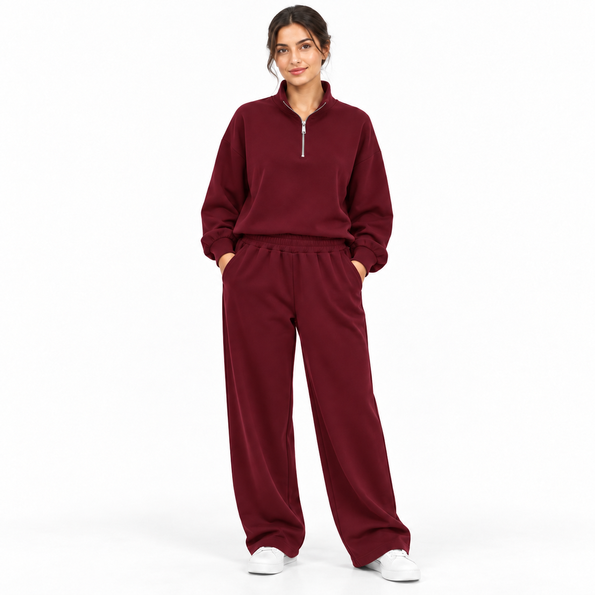 Ensemble femme deux pièces à col zippé et pantalon large à taille élastique