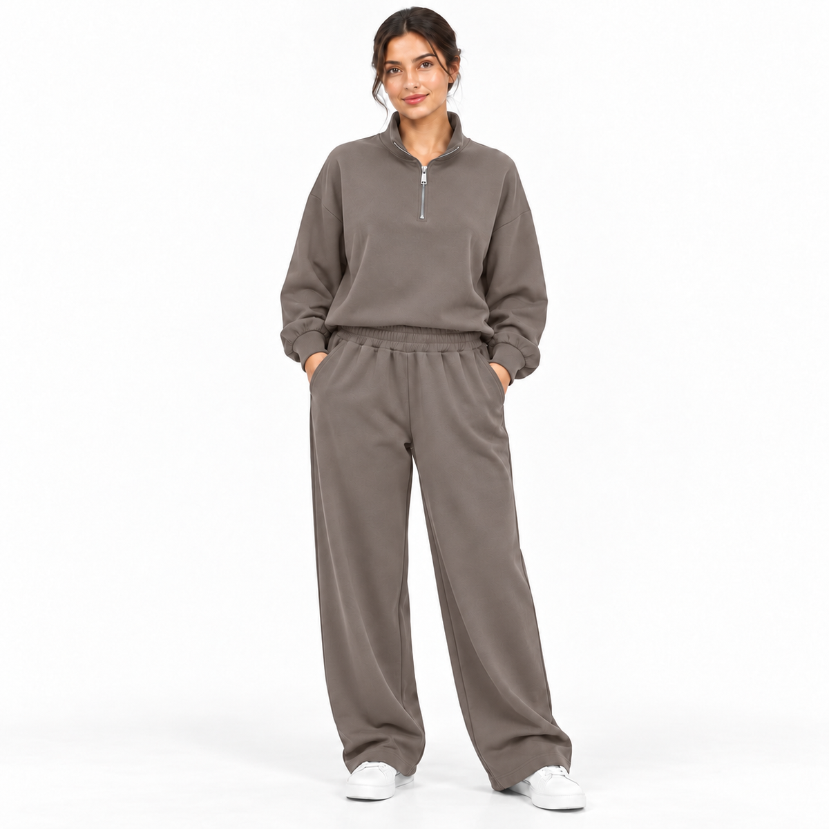 Ensemble femme deux pièces à col zippé et pantalon large à taille élastique