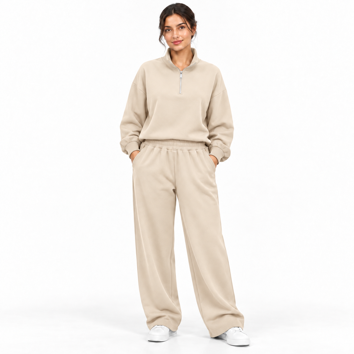 Ensemble femme deux pièces à col zippé et pantalon large à taille élastique