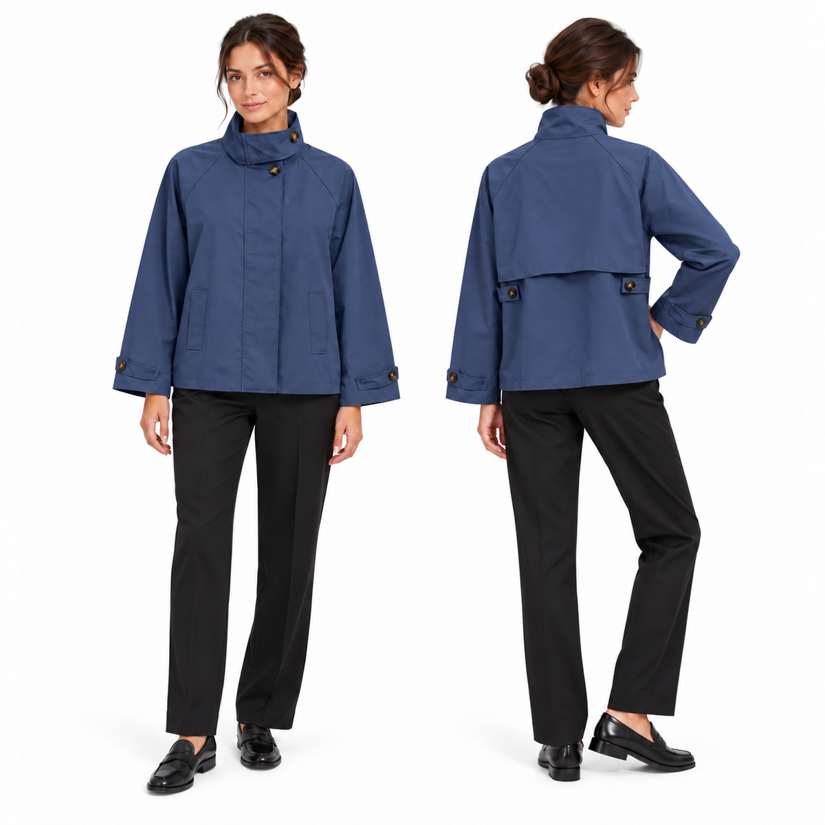Veste trench courte femme à col montant et rabat au dos – Fabriquée en Italie