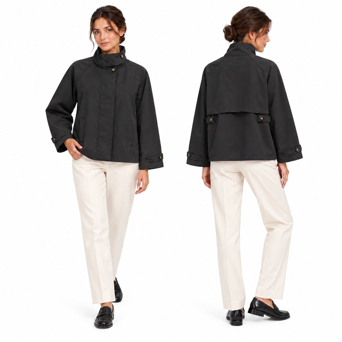 Veste trench courte femme à col montant et rabat au dos – Fabriquée en Italie