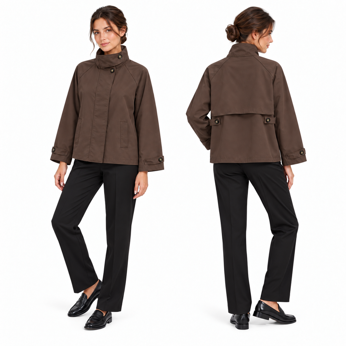 Veste trench courte femme à col montant et rabat au dos – Fabriquée en Italie