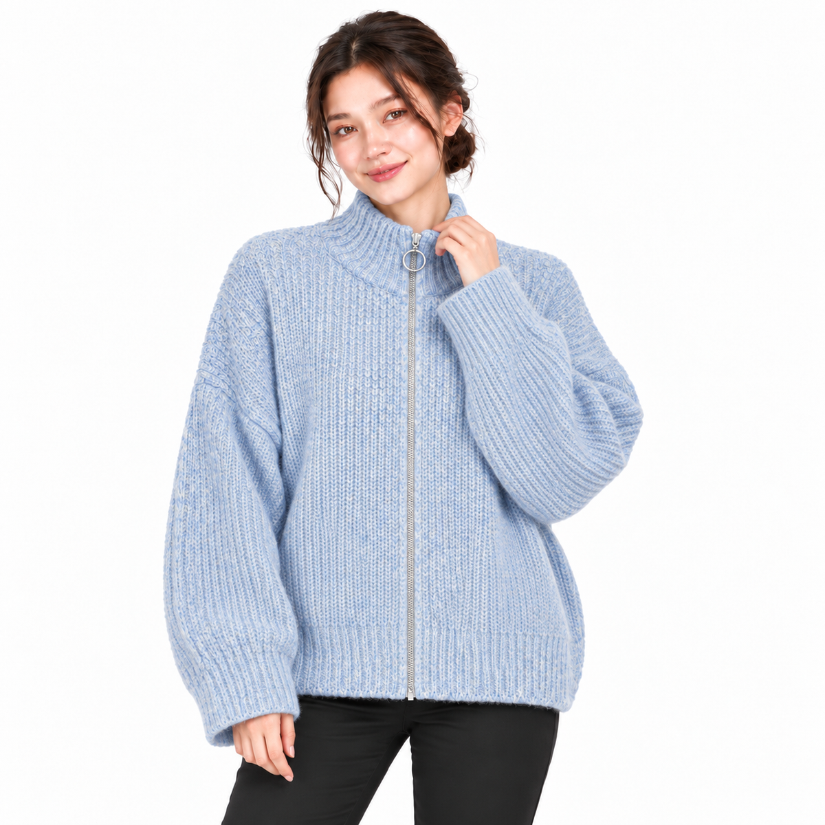 Gilet Femme Oversize en Maille Douce avec Col Zippé et Anneau Métallique