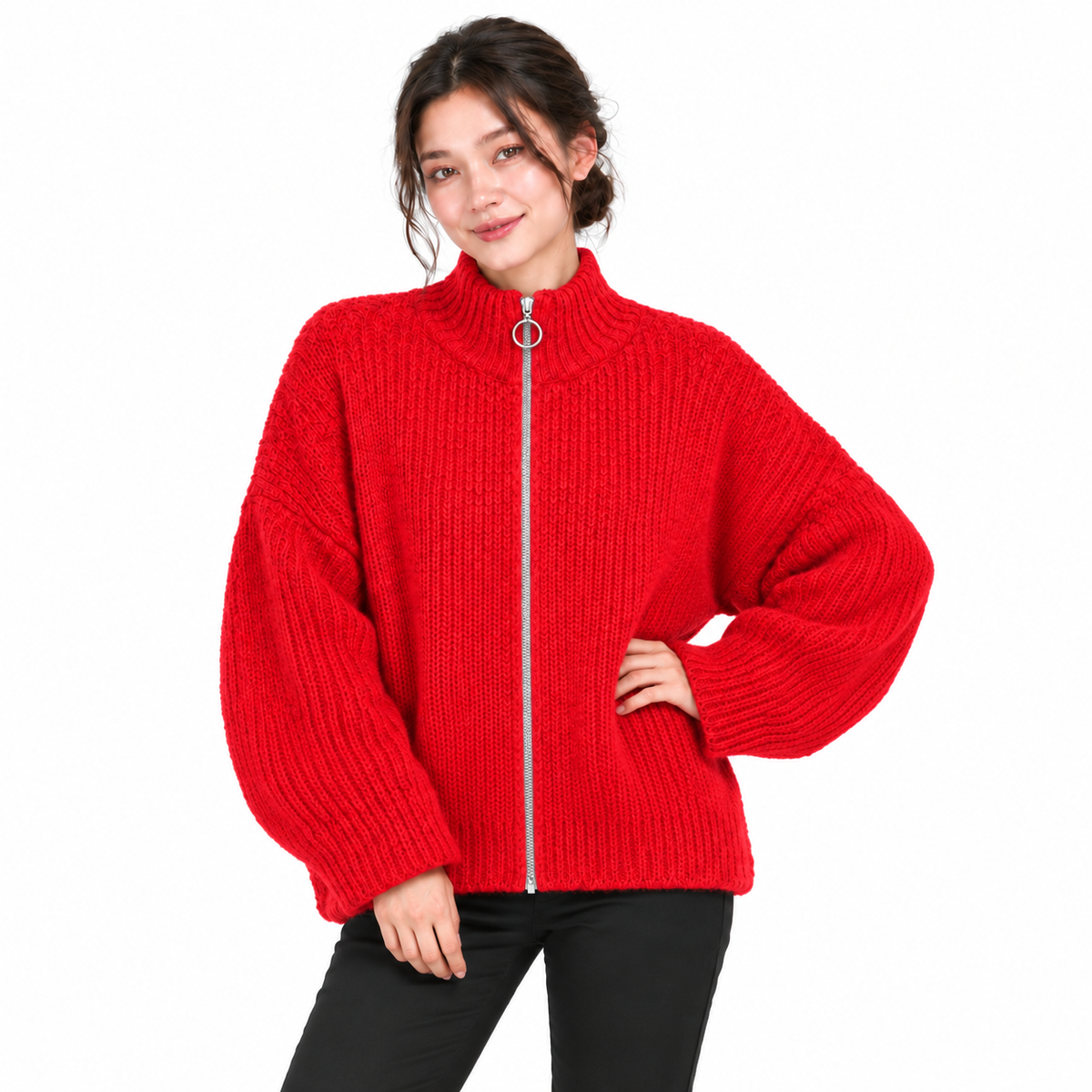 Gilet Femme Oversize en Maille Douce avec Col Zippé et Anneau Métallique