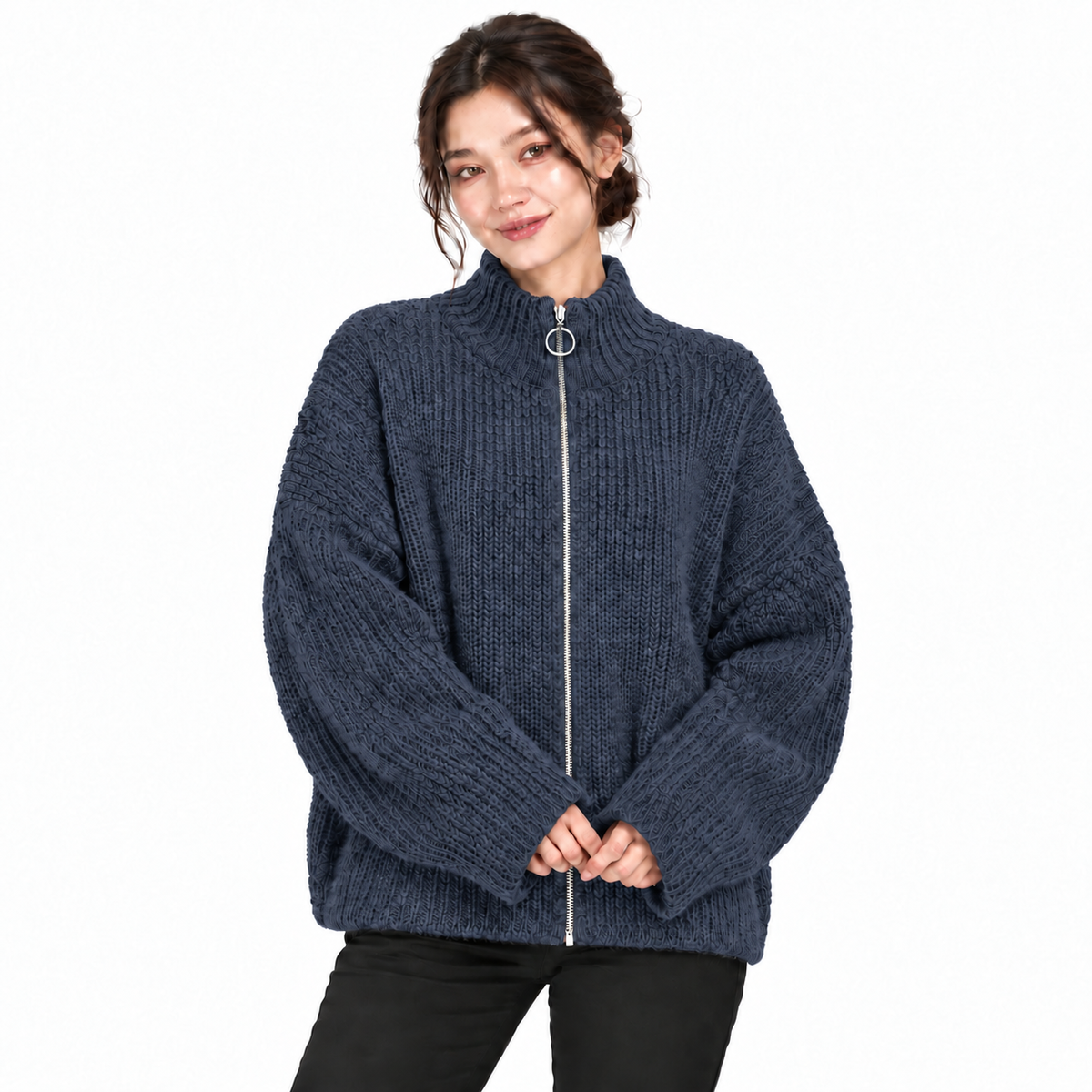 Gilet Femme Oversize en Maille Douce avec Col Zippé et Anneau Métallique