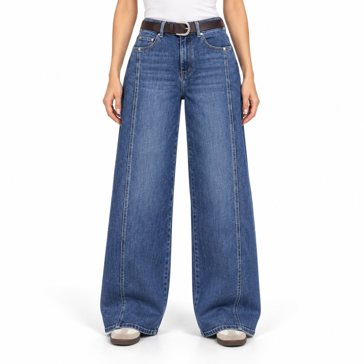 Jean femme wide leg taille haute bleu délavé à coutures verticales