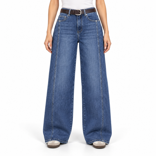 Jean femme wide leg taille haute bleu délavé à coutures verticales