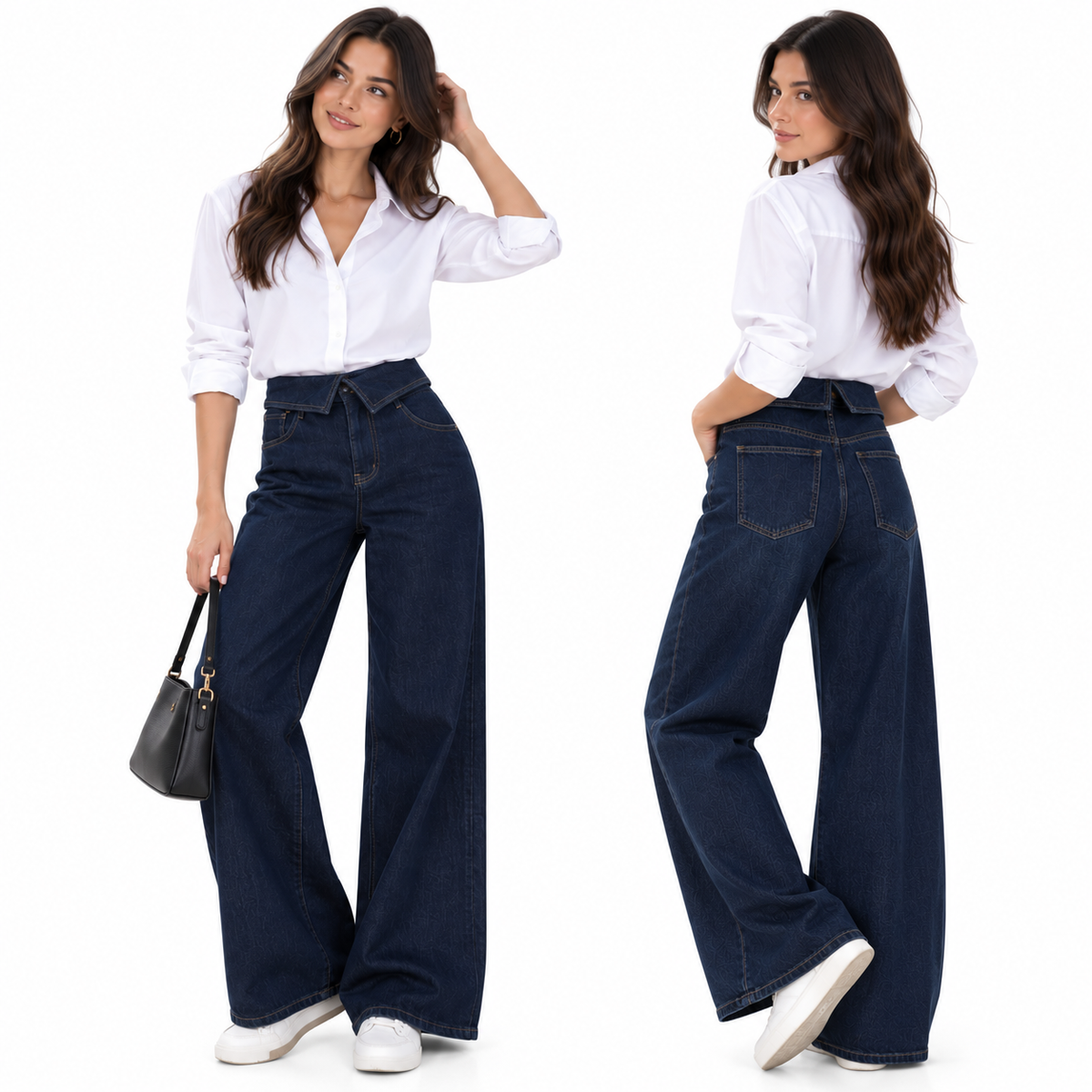 Jean Femme Wide Leg Taille Haute à Ceinture Repliée – Coupe Large Tendance