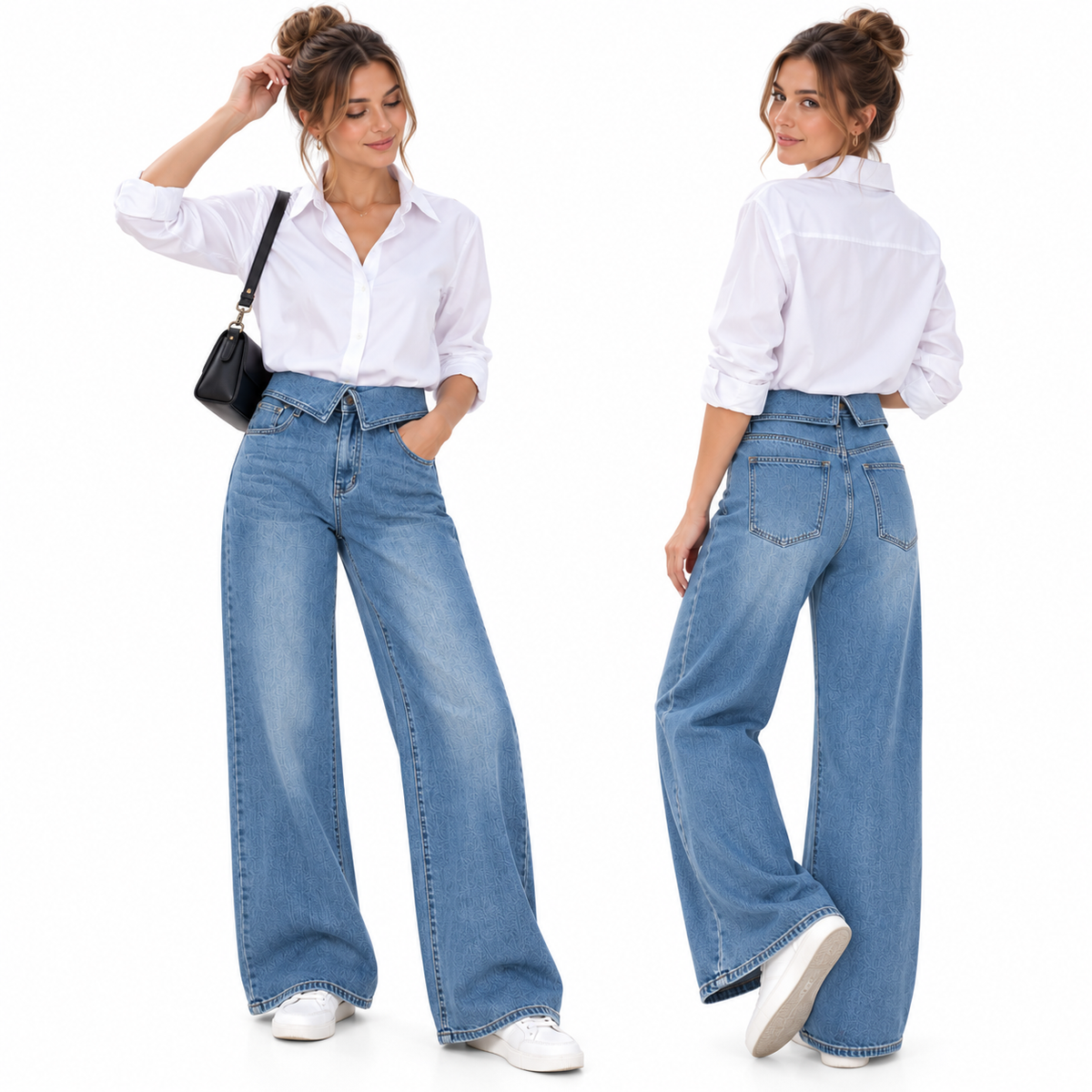 Jean Femme Wide Leg Taille Haute à Ceinture Repliée – Coupe Large Tendance