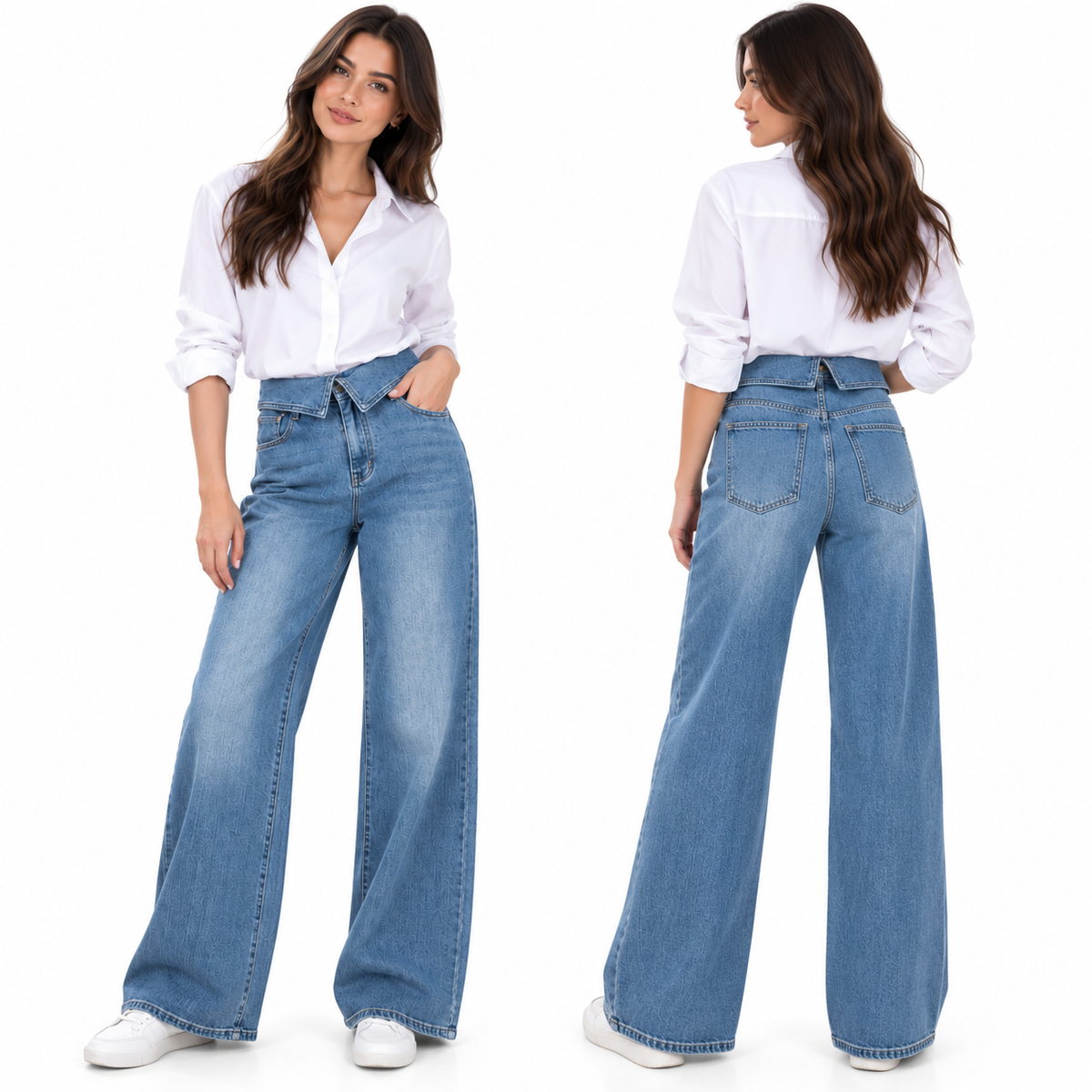 Jean Femme Wide Leg Taille Haute à Ceinture Repliée – Coupe Large Tendance