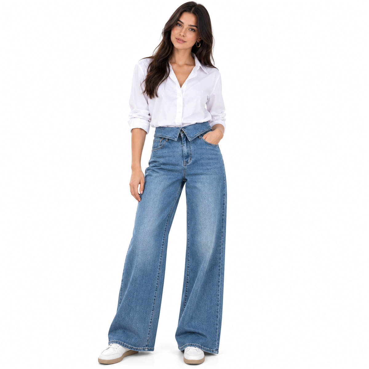 Jean Femme Wide Leg Taille Haute à Ceinture Repliée – Coupe Large Tendance