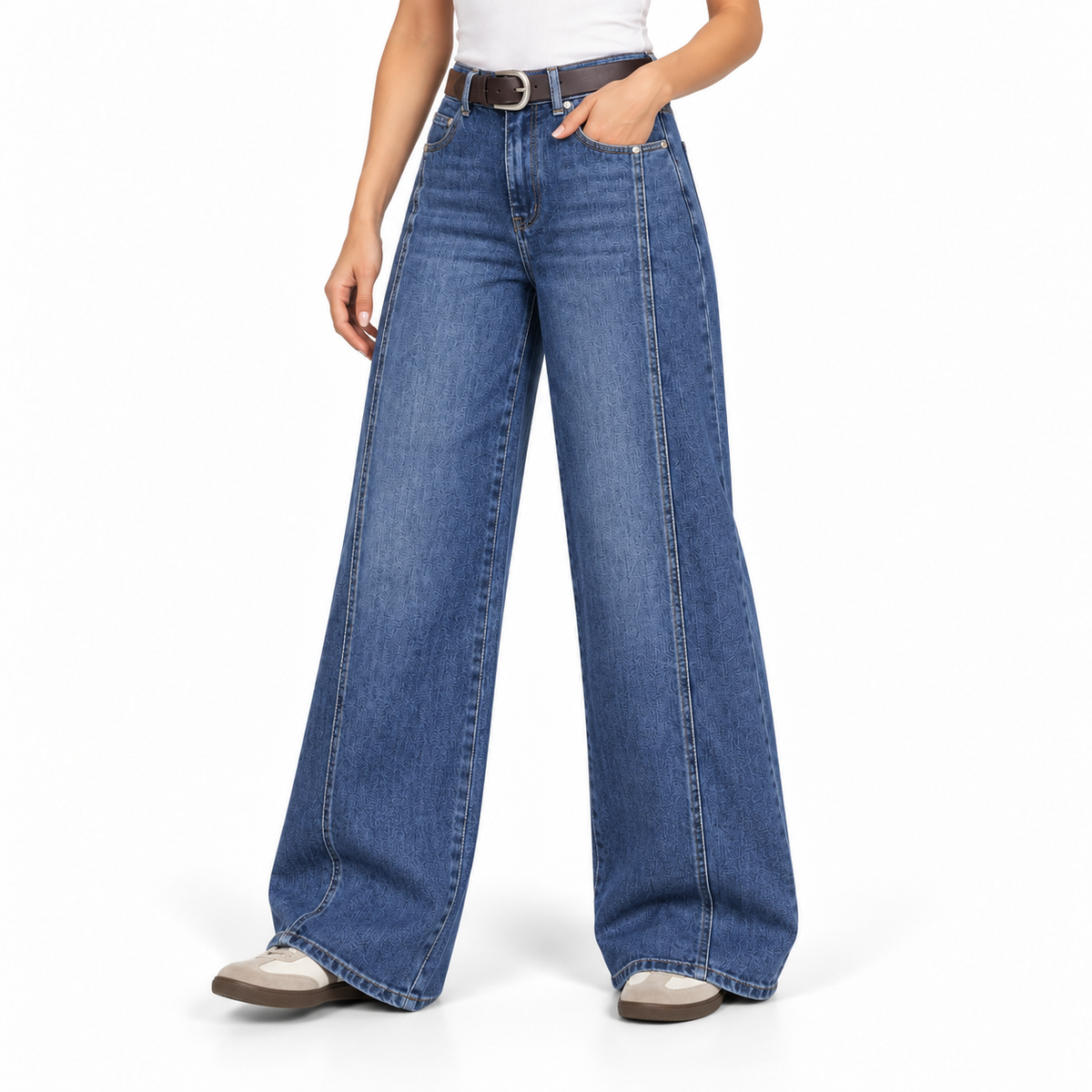 Jean femme wide leg taille haute bleu délavé à coutures verticales