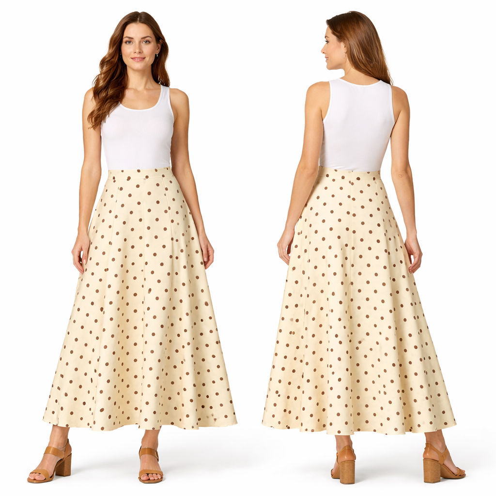 Polka dot satin maxi skirt – flared high-waisted cut, chic elegant style