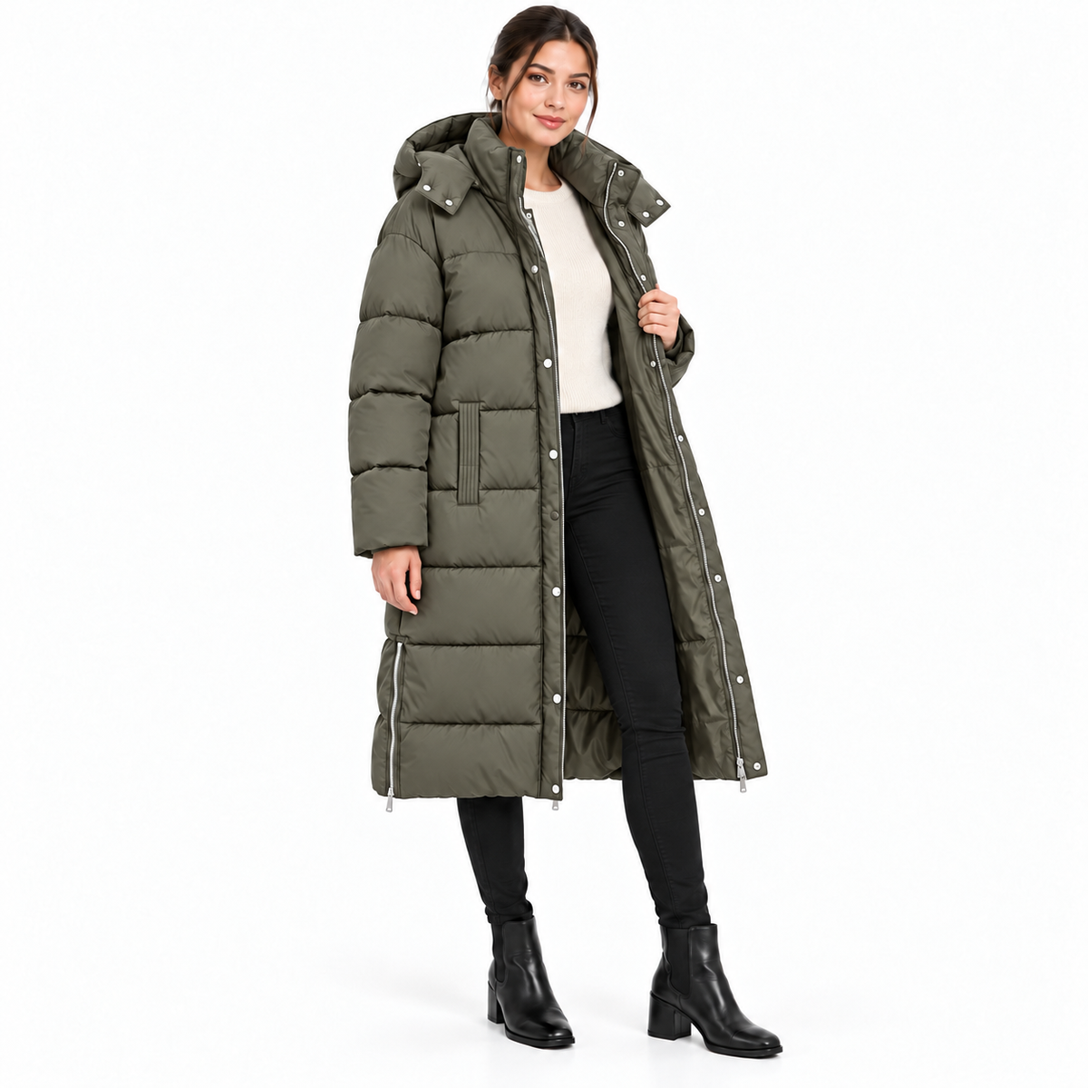 Doudoune longue femme Alba – Capuche amovible et zips latéraux