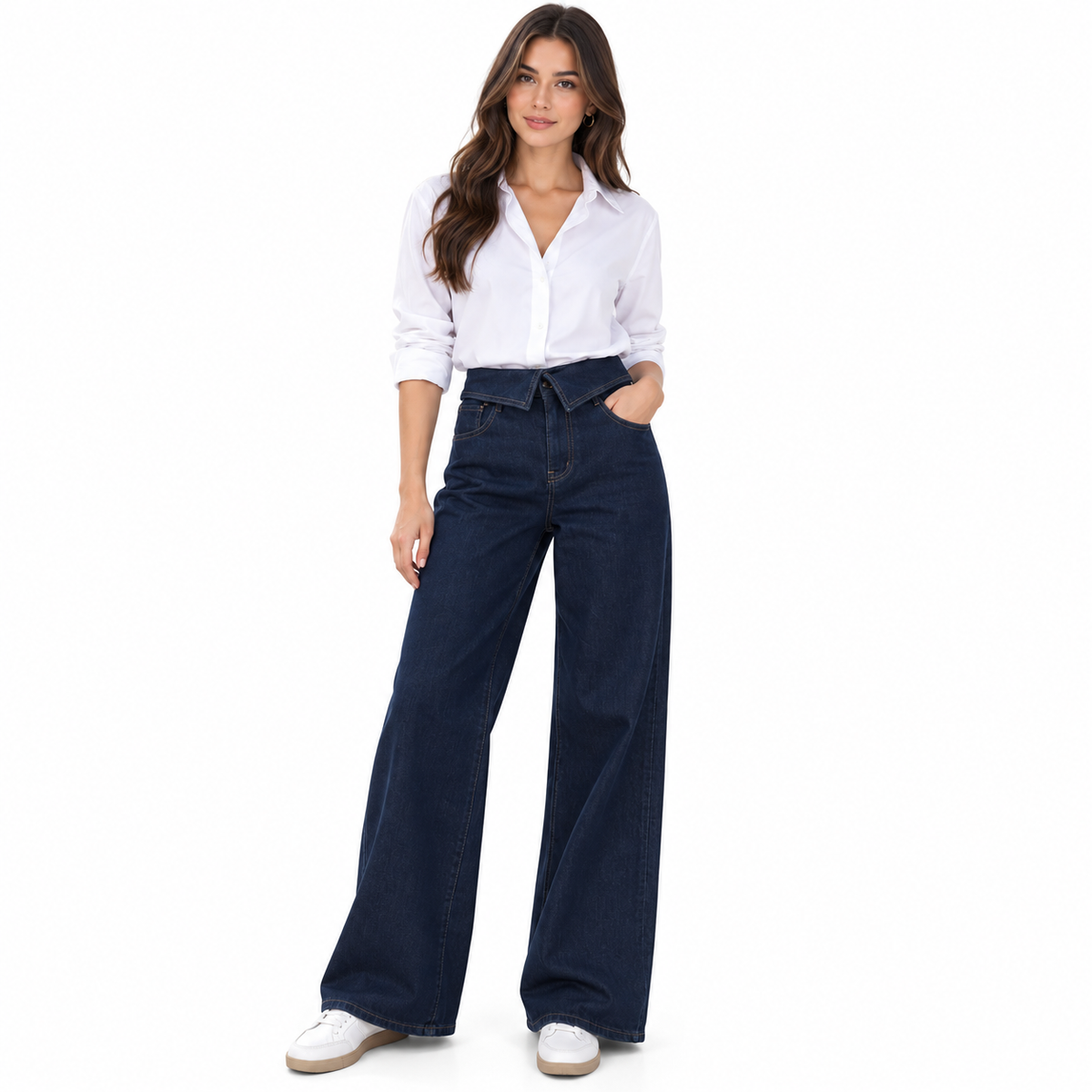 Jean Femme Wide Leg Taille Haute à Ceinture Repliée – Coupe Large Tendance