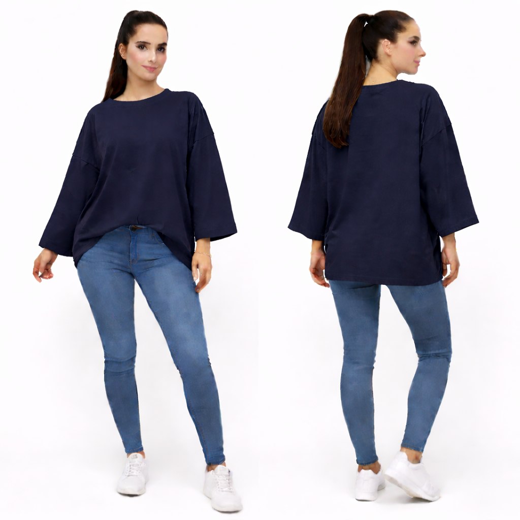 Women's oversized plain long sleeve 100% cotton T-shirt – relaxed fit, trendy basic