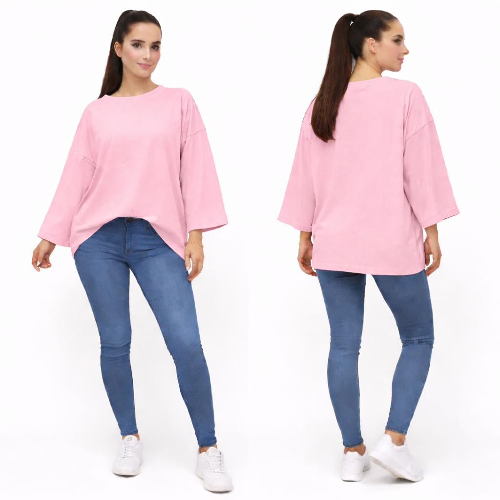 Women's oversized plain long sleeve 100% cotton T-shirt – relaxed fit, trendy basic