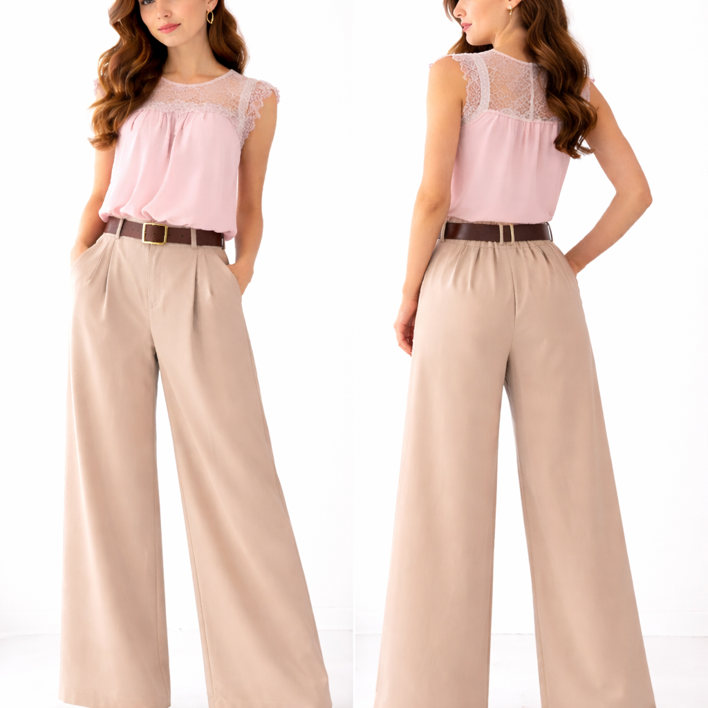 Pantalon large taille haute avec ceinture – coupe fluide élégante – taille unique