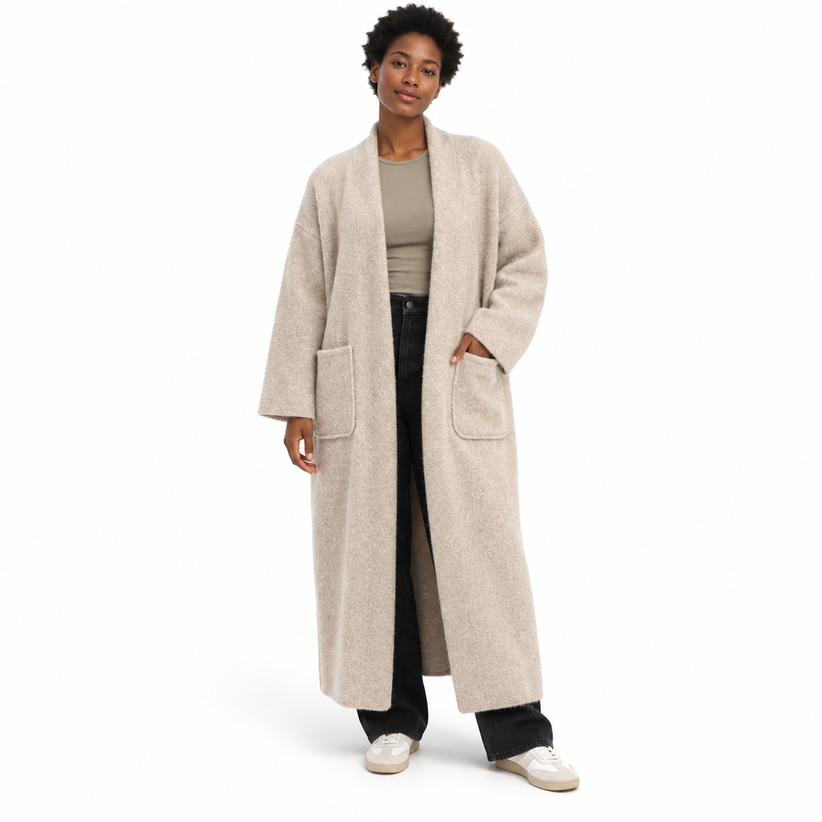 Gilet long femme oversize en tissu doux effet feutré