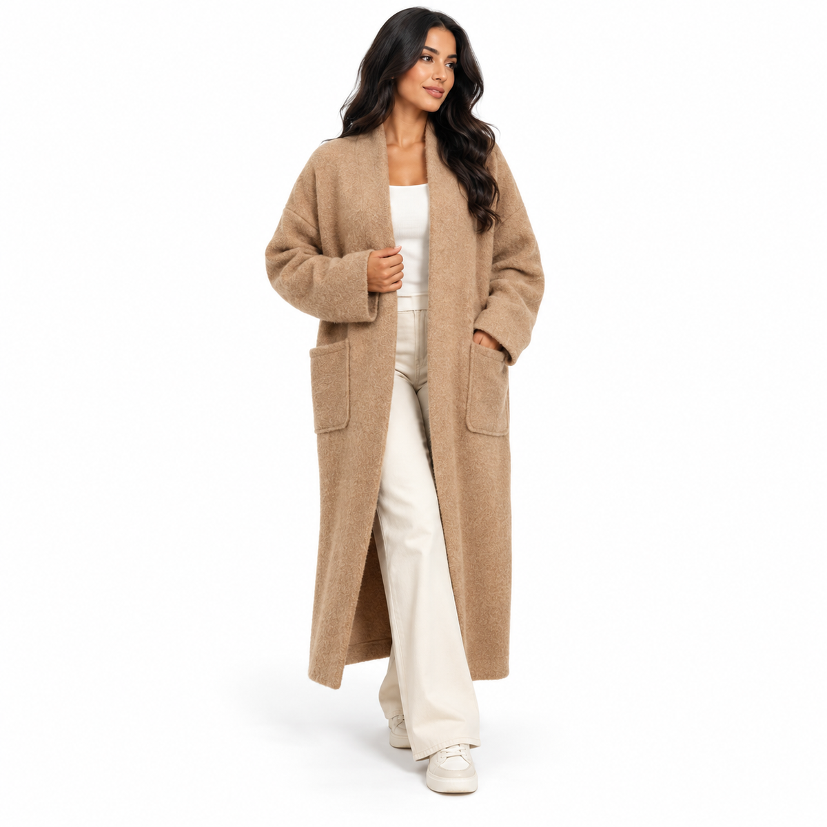 Gilet long femme oversize en tissu doux effet feutré