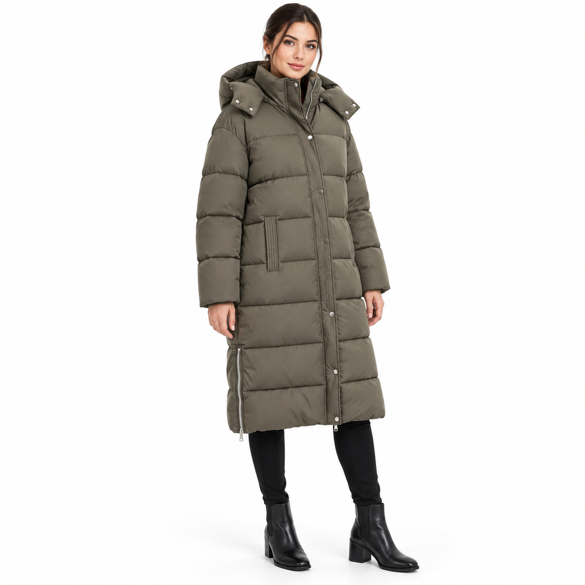Doudoune longue femme Alba – Capuche amovible et zips latéraux