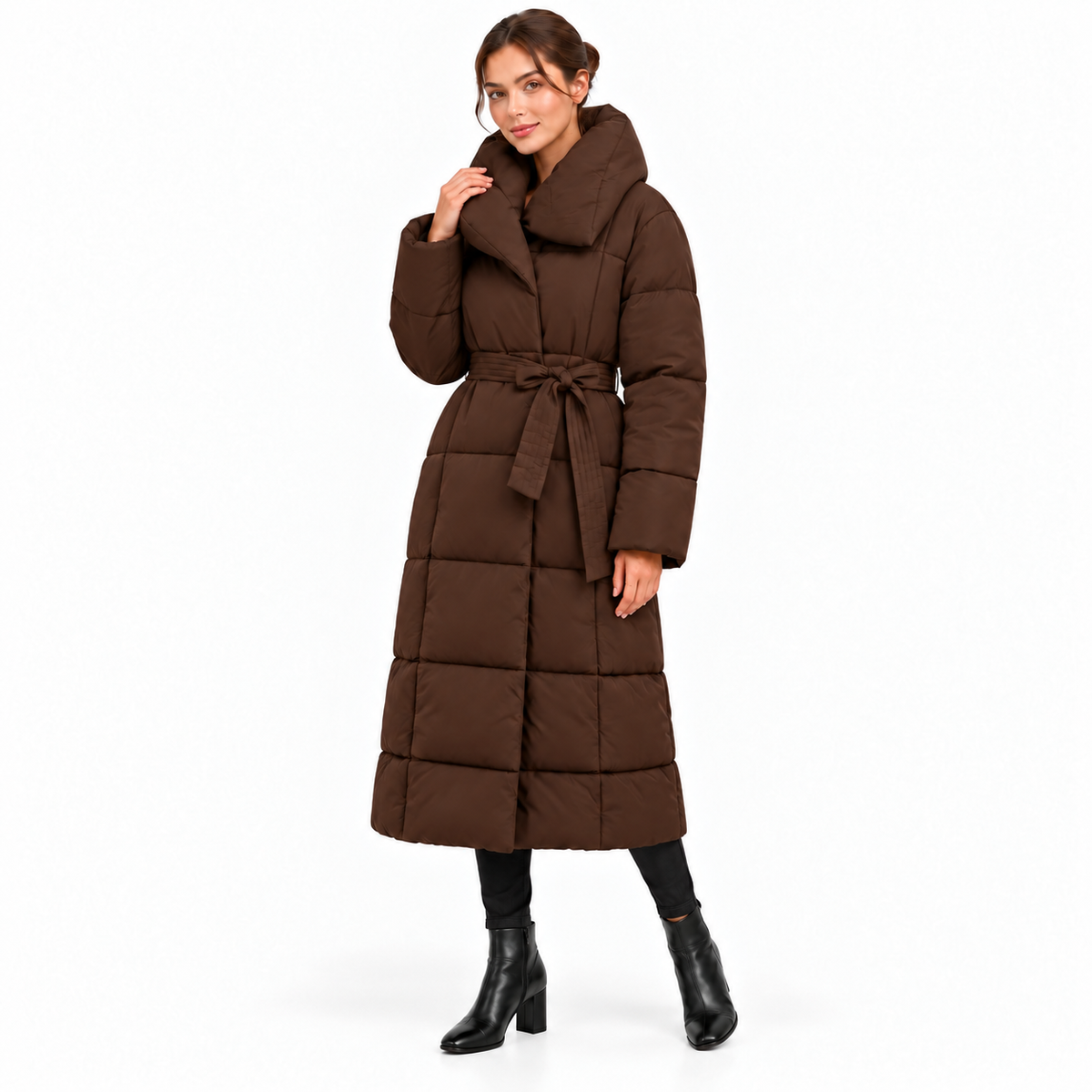 Manteaux Doudoune longue femme Élise – Grand col et ceinture à nouer