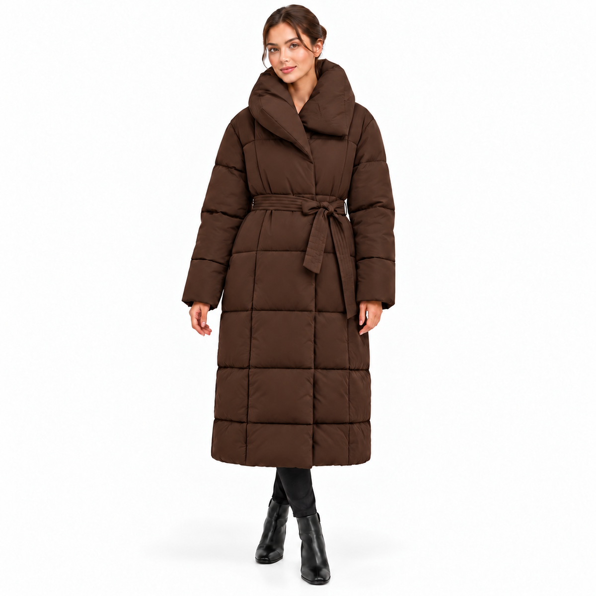 Manteaux Doudoune longue femme Élise – Grand col et ceinture à nouer