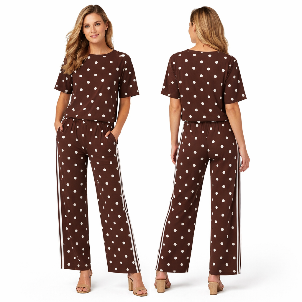 Ensemble femme 2 pièces oversize t-shirt manches courtes + pantalon fluide large à pois avec double bandes latérales style premium