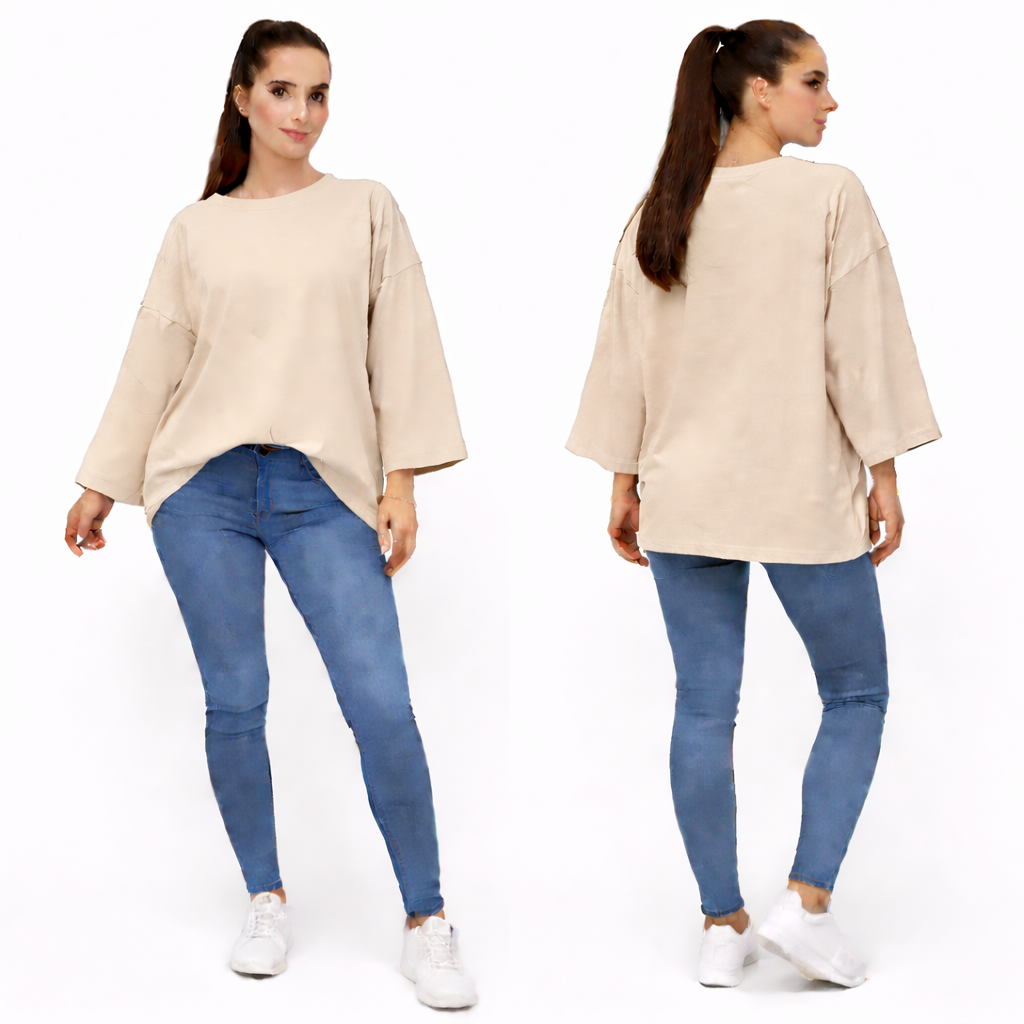 Women's oversized plain long sleeve 100% cotton T-shirt – relaxed fit, trendy basic