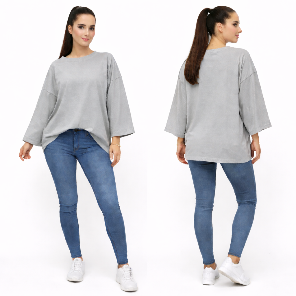 Women's oversized plain long sleeve 100% cotton T-shirt – relaxed fit, trendy basic