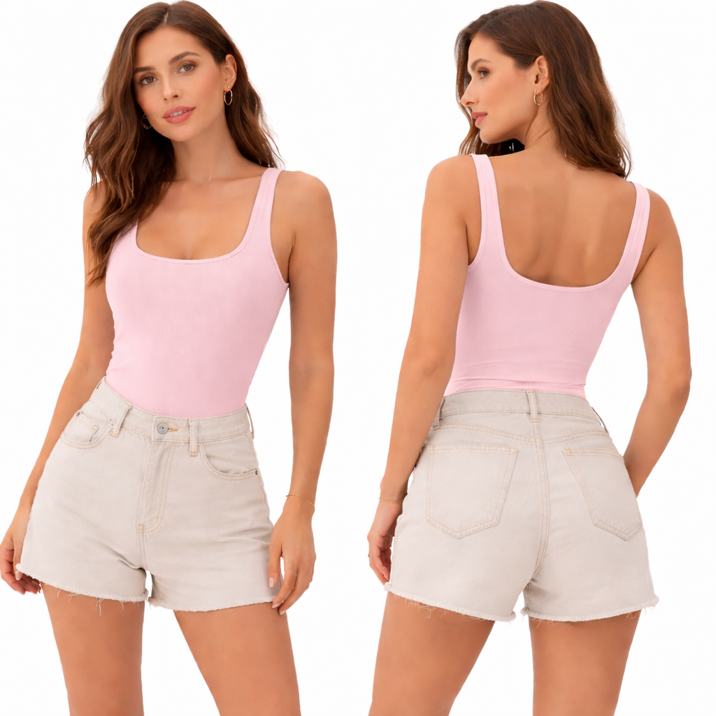 Body côtelé col carré basique – coupe ajustée & effet seconde peau