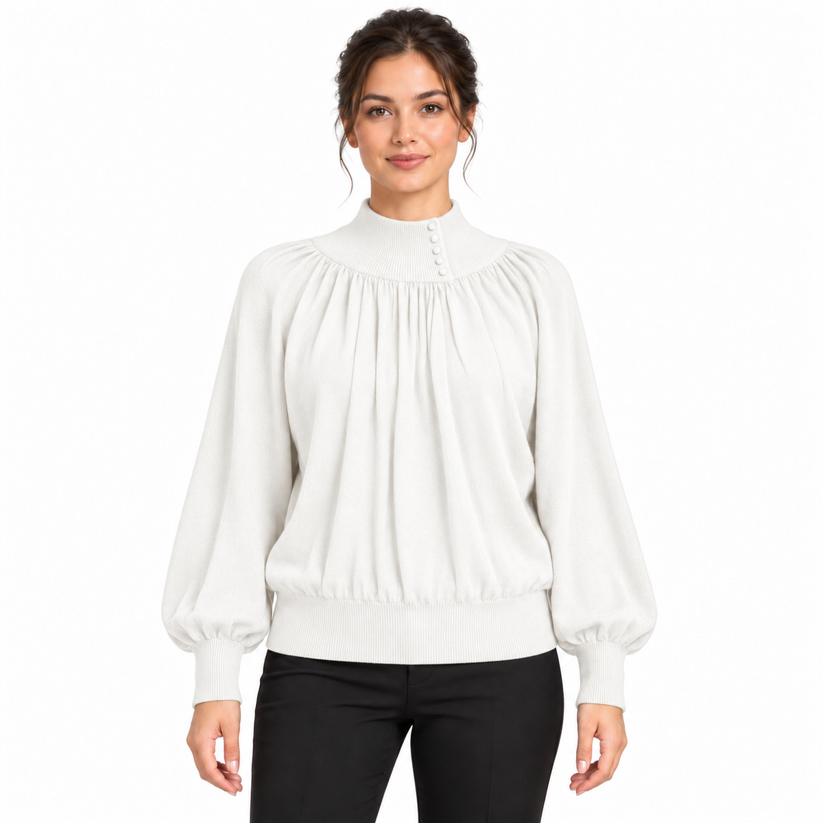 Pull femme en maille à col montant boutonné et manches bouffantes