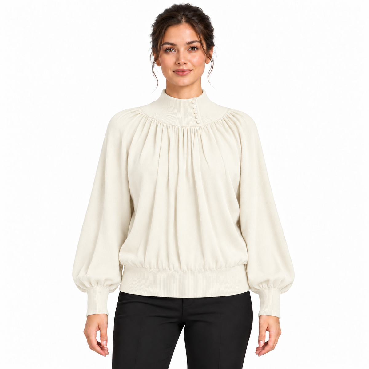 Pull femme en maille à col montant boutonné et manches bouffantes