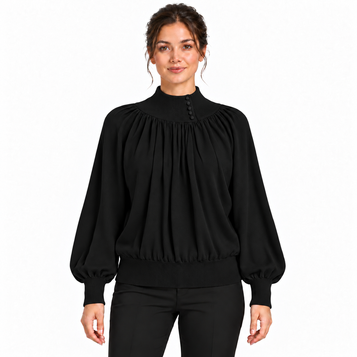 Pull femme en maille à col montant boutonné et manches bouffantes